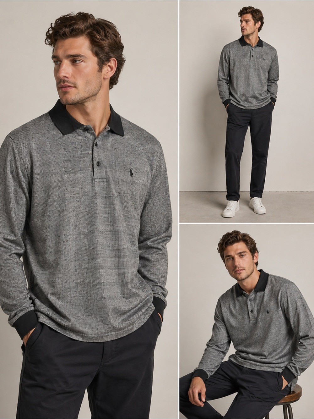 Polo Ralph Lauren Gray Long Sleeve Polo Shirt Men’s Sz.L 2-Tone Knit Classic Fit